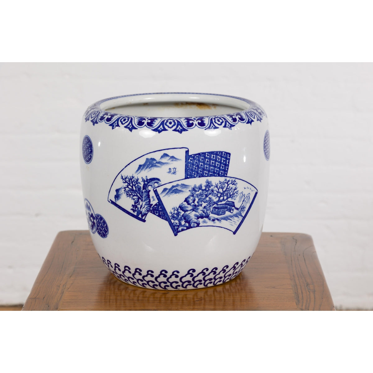 Blue and White Porcelain Planter with Hand Painted Landscape-2. Asian & Chinese Furniture, Art, Antiques, Vintage Home Décor for sale at FEA Home
