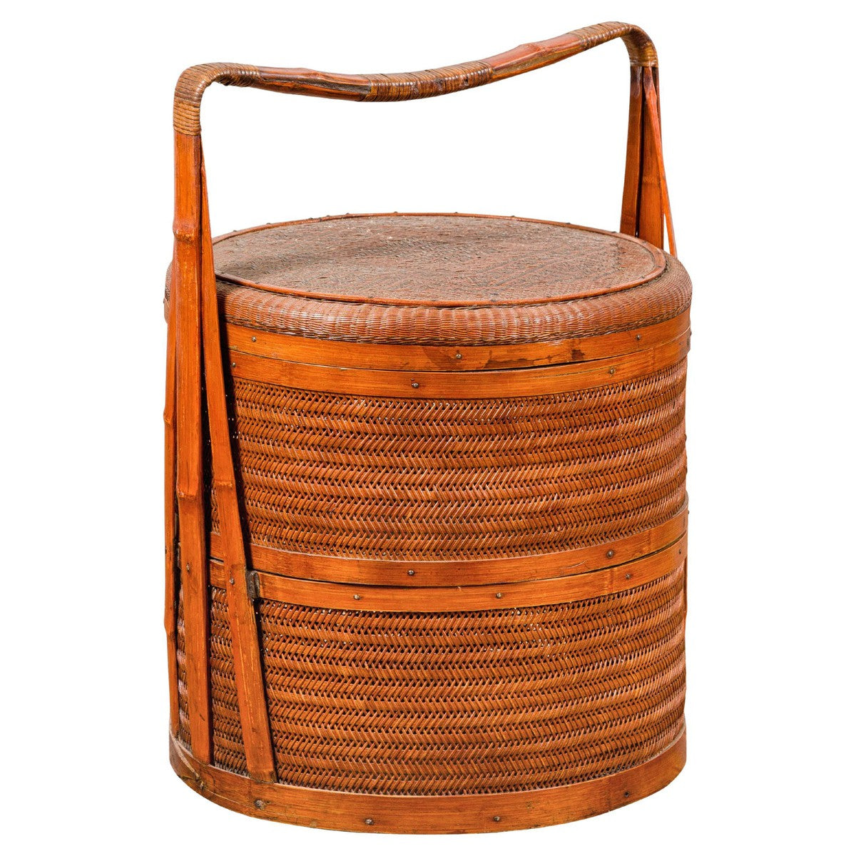 Two-Tiered Bamboo and Rattan Lidded Food Basket with Large Handle-1. Asian & Chinese Furniture, Art, Antiques, Vintage Home Décor for sale at FEA Home