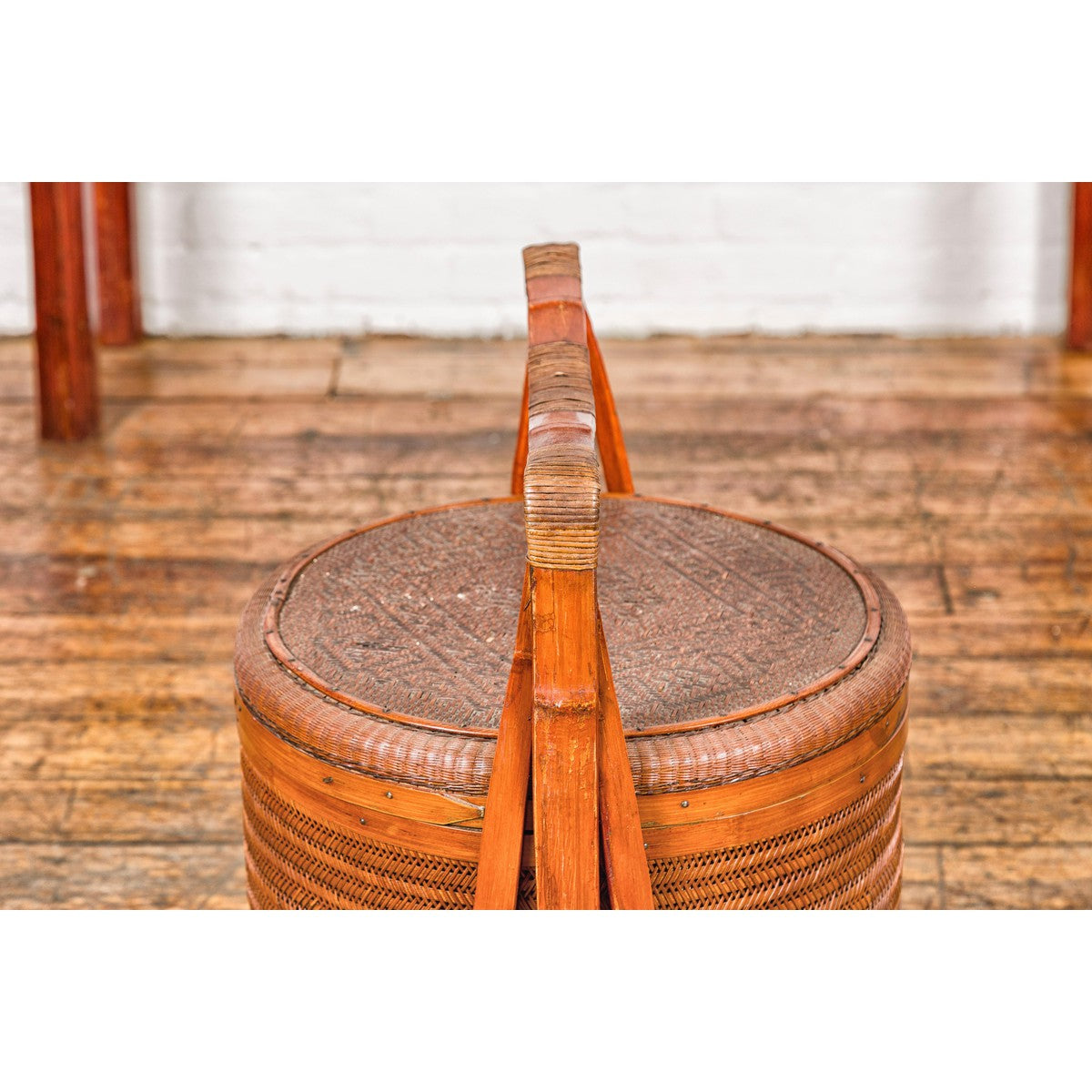 Two-Tiered Bamboo and Rattan Lidded Food Basket with Large Handle-10. Asian & Chinese Furniture, Art, Antiques, Vintage Home Décor for sale at FEA Home
