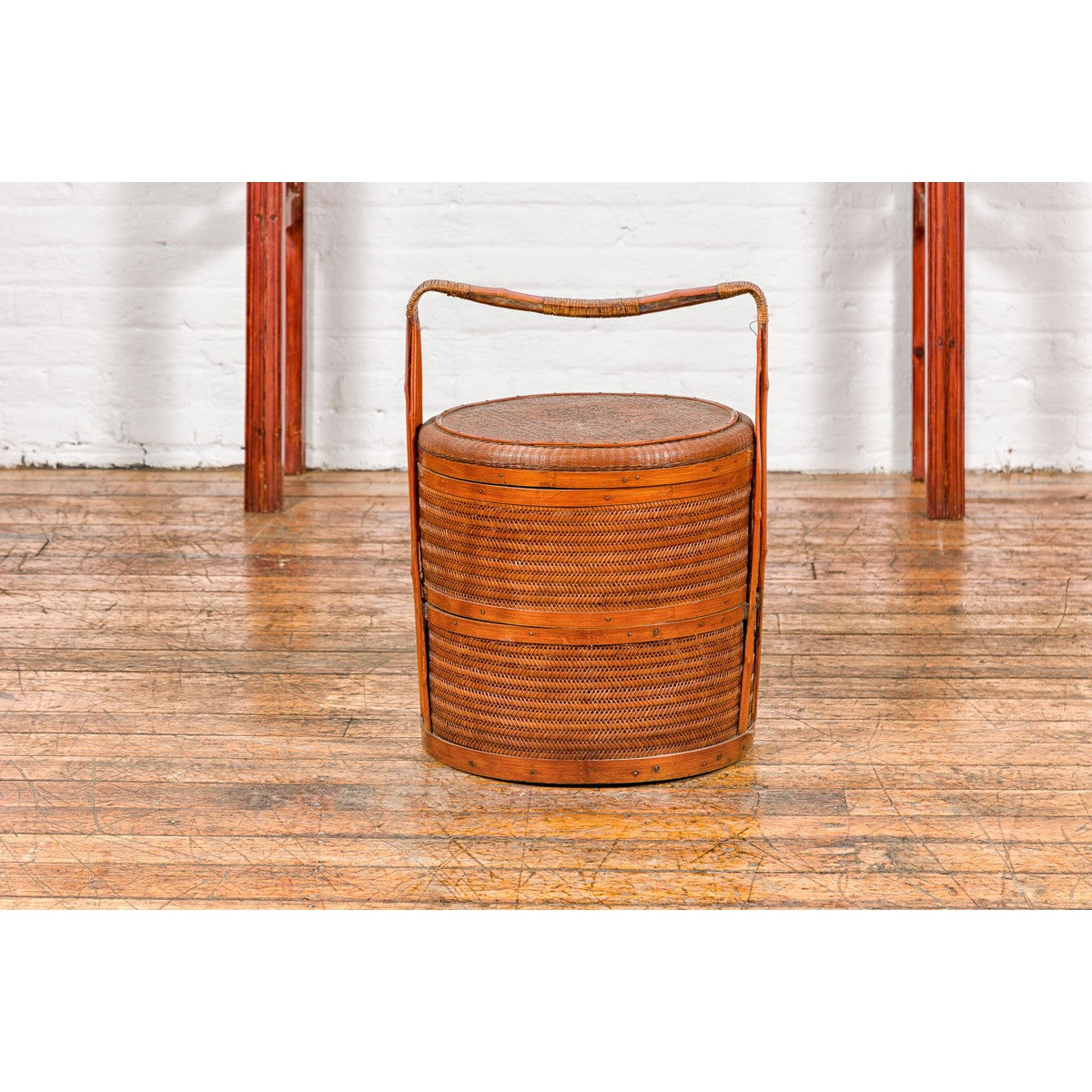 Two-Tiered Bamboo and Rattan Lidded Food Basket with Large Handle-12. Asian & Chinese Furniture, Art, Antiques, Vintage Home Décor for sale at FEA Home