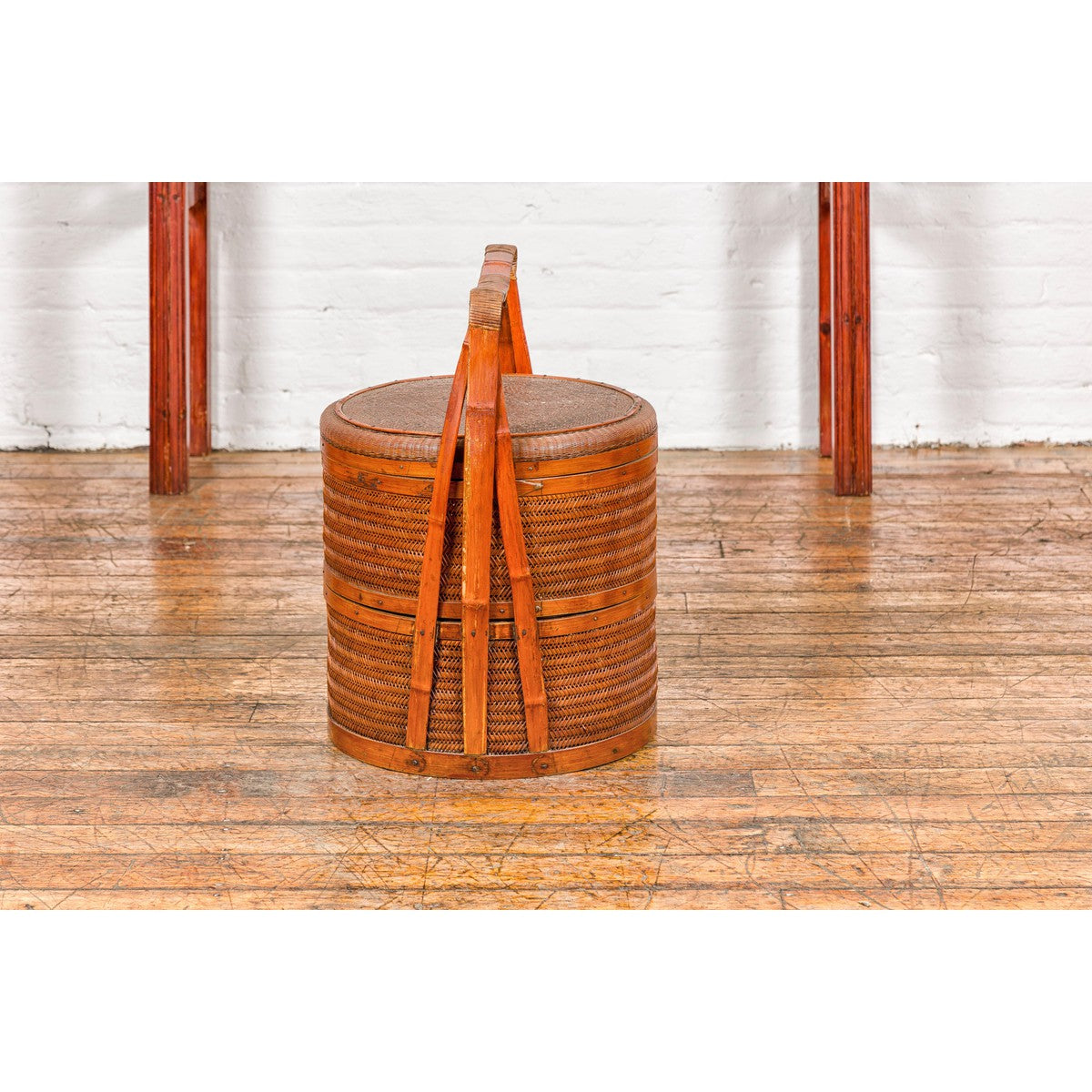Two-Tiered Bamboo and Rattan Lidded Food Basket with Large Handle-13. Asian & Chinese Furniture, Art, Antiques, Vintage Home Décor for sale at FEA Home