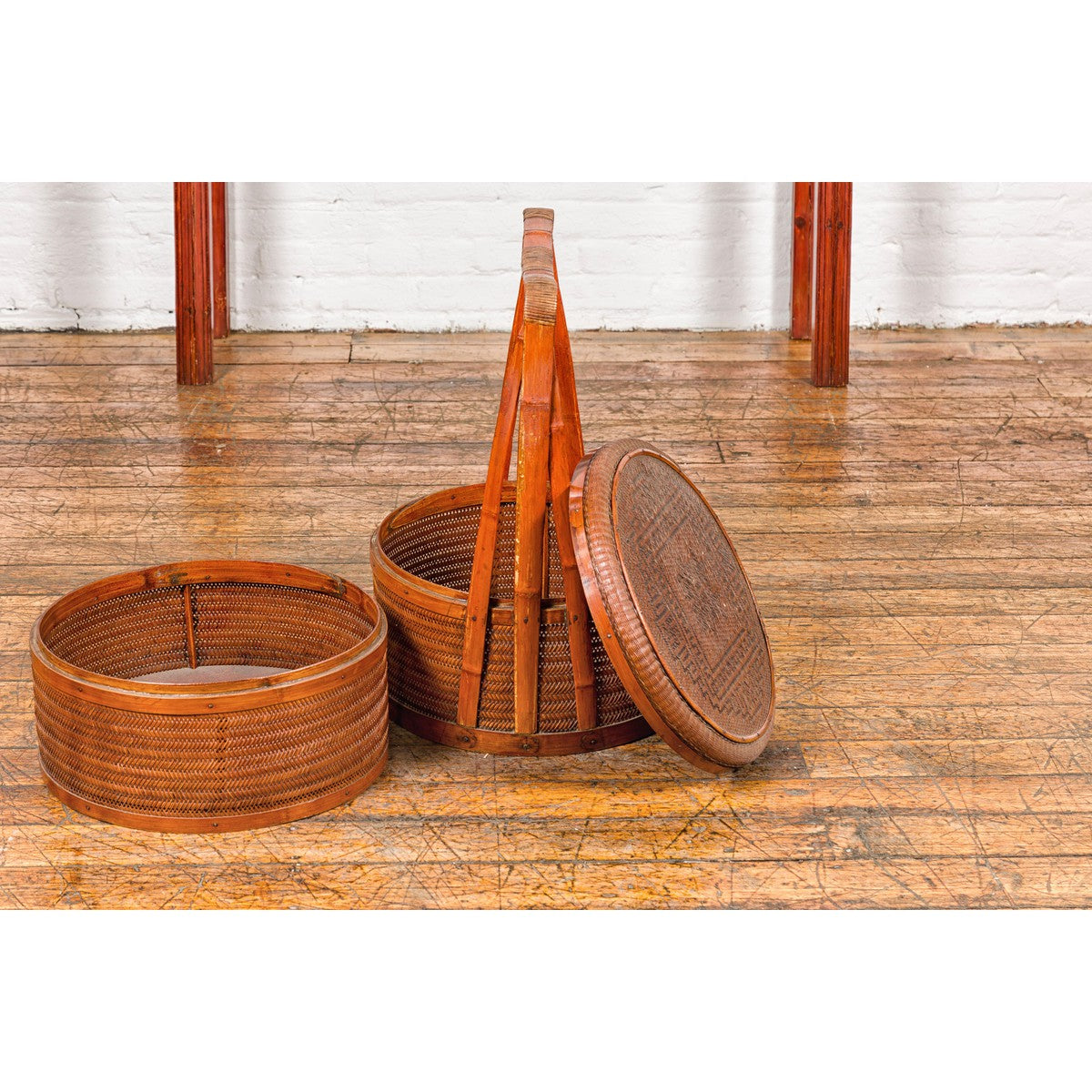 Two-Tiered Bamboo and Rattan Lidded Food Basket with Large Handle-14. Asian & Chinese Furniture, Art, Antiques, Vintage Home Décor for sale at FEA Home