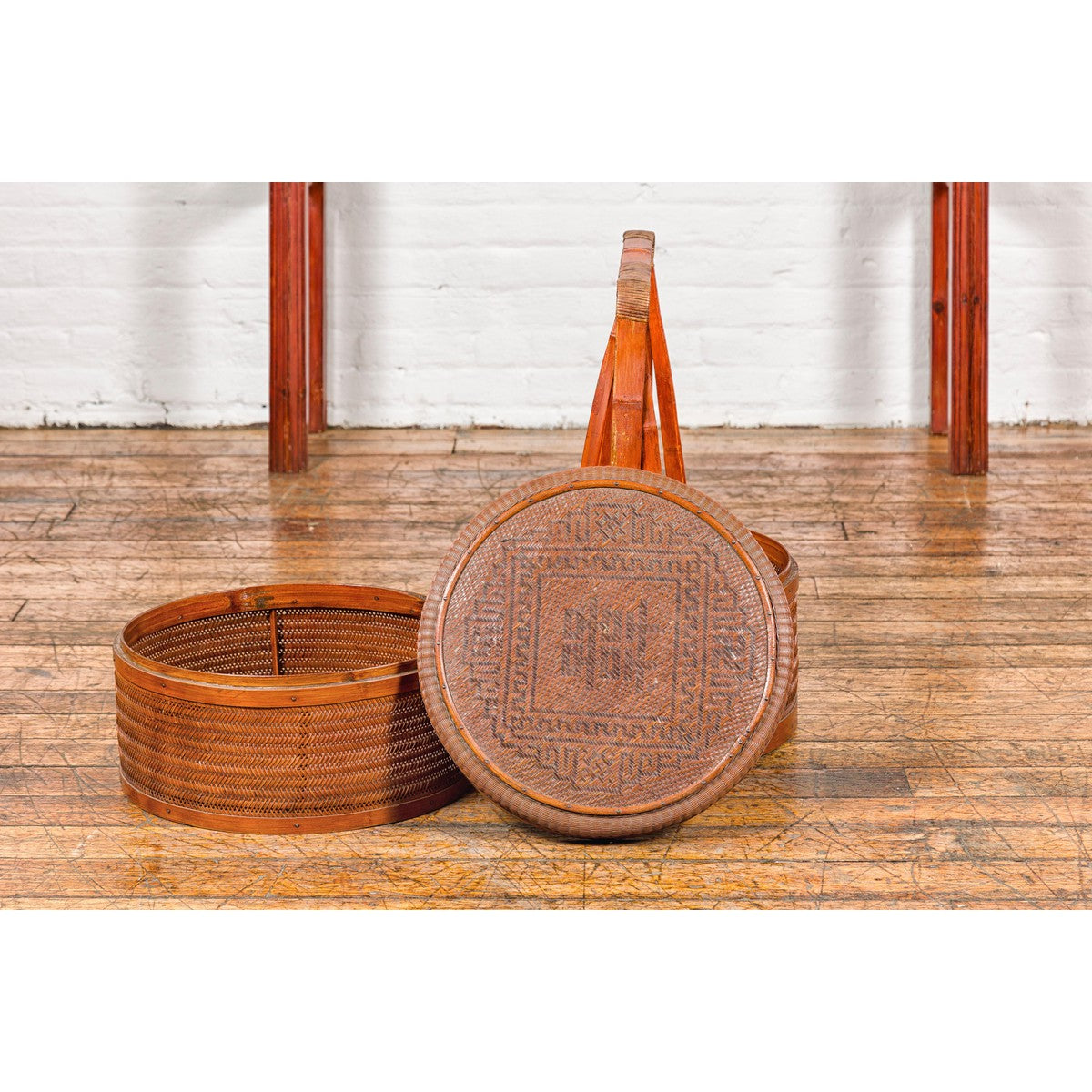 Two-Tiered Bamboo and Rattan Lidded Food Basket with Large Handle-15. Asian & Chinese Furniture, Art, Antiques, Vintage Home Décor for sale at FEA Home