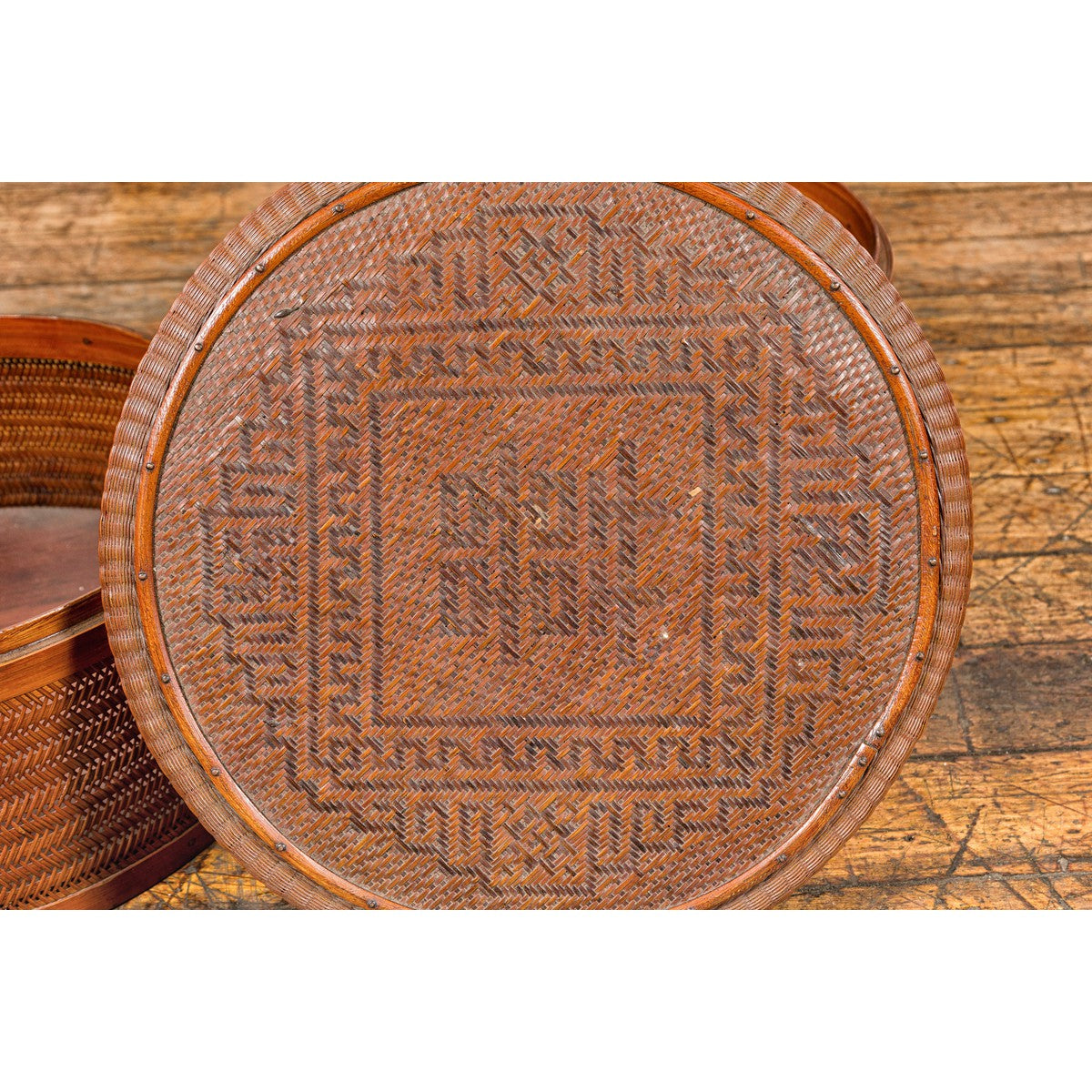 Two-Tiered Bamboo and Rattan Lidded Food Basket with Large Handle-16. Asian & Chinese Furniture, Art, Antiques, Vintage Home Décor for sale at FEA Home