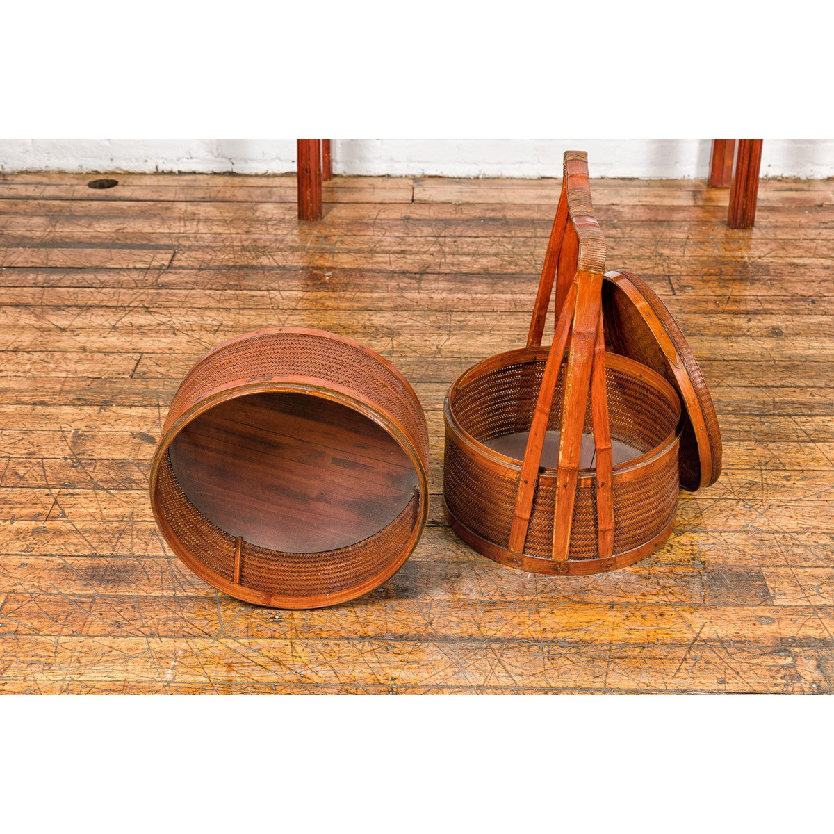 Two-Tiered Bamboo and Rattan Lidded Food Basket with Large Handle-18. Asian & Chinese Furniture, Art, Antiques, Vintage Home Décor for sale at FEA Home