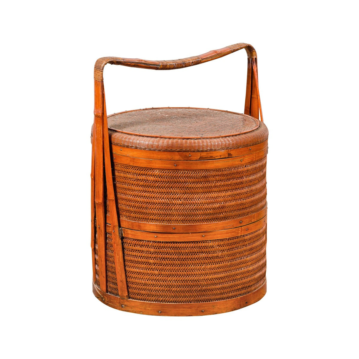 Two-Tiered Bamboo and Rattan Lidded Food Basket with Large Handle-19. Asian & Chinese Furniture, Art, Antiques, Vintage Home Décor for sale at FEA Home