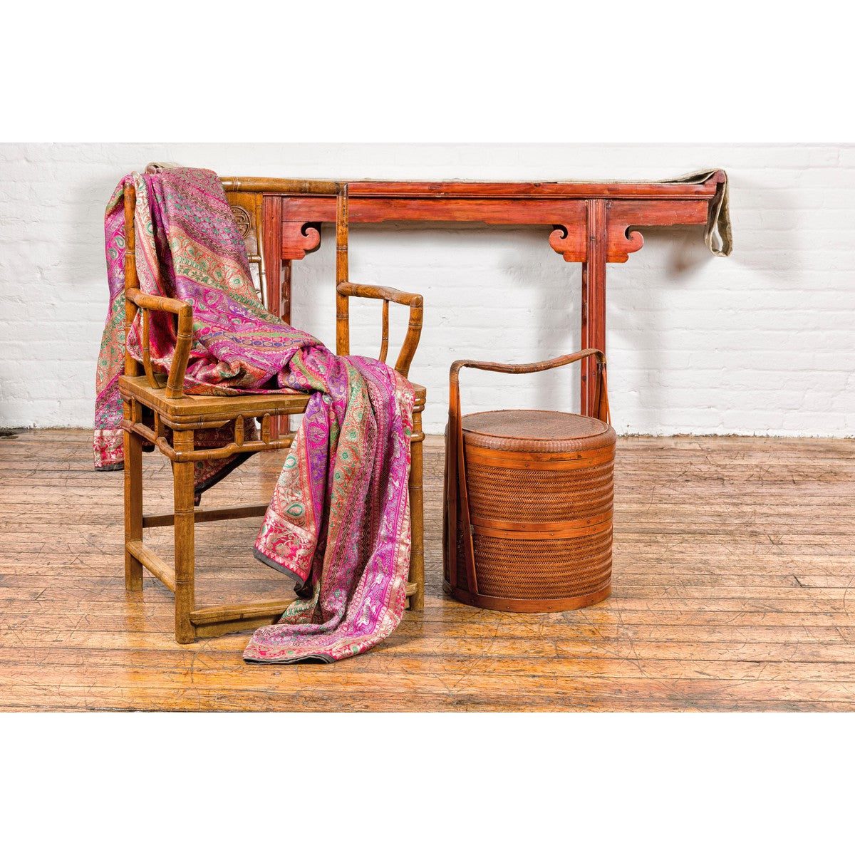 Two-Tiered Bamboo and Rattan Lidded Food Basket with Large Handle-2. Asian & Chinese Furniture, Art, Antiques, Vintage Home Décor for sale at FEA Home