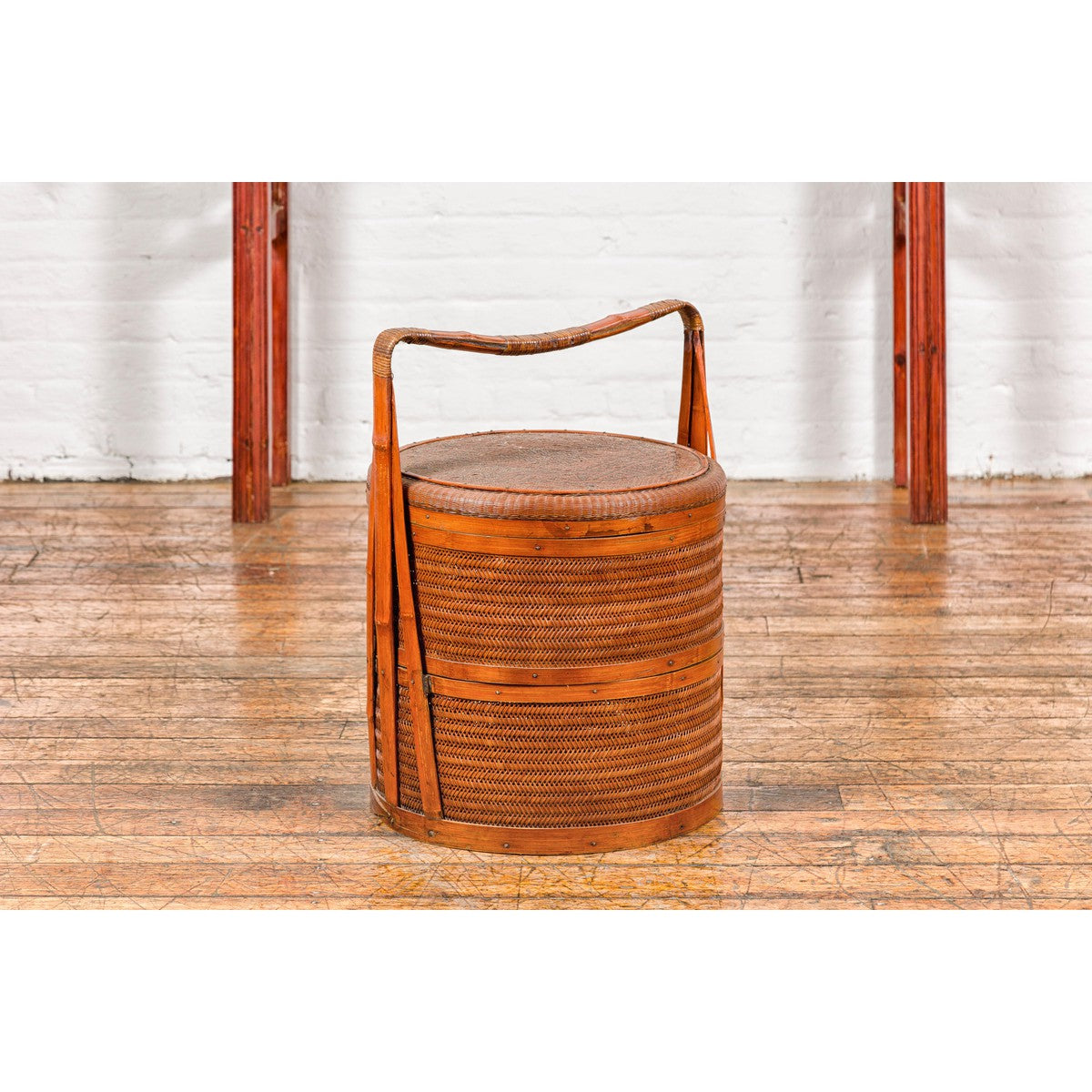 Two-Tiered Bamboo and Rattan Lidded Food Basket with Large Handle-3. Asian & Chinese Furniture, Art, Antiques, Vintage Home Décor for sale at FEA Home