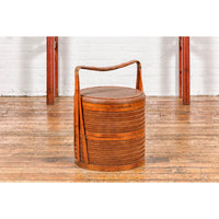 Two-Tiered Bamboo and Rattan Lidded Food Basket with Large Handle