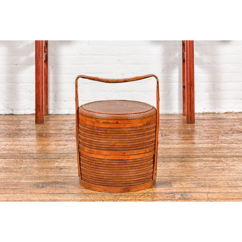 Two-Tiered Bamboo and Rattan Lidded Food Basket with Large Handle-YN7920-4. Asian & Chinese Furniture, Art, Antiques, Vintage Home Décor for sale at FEA Home