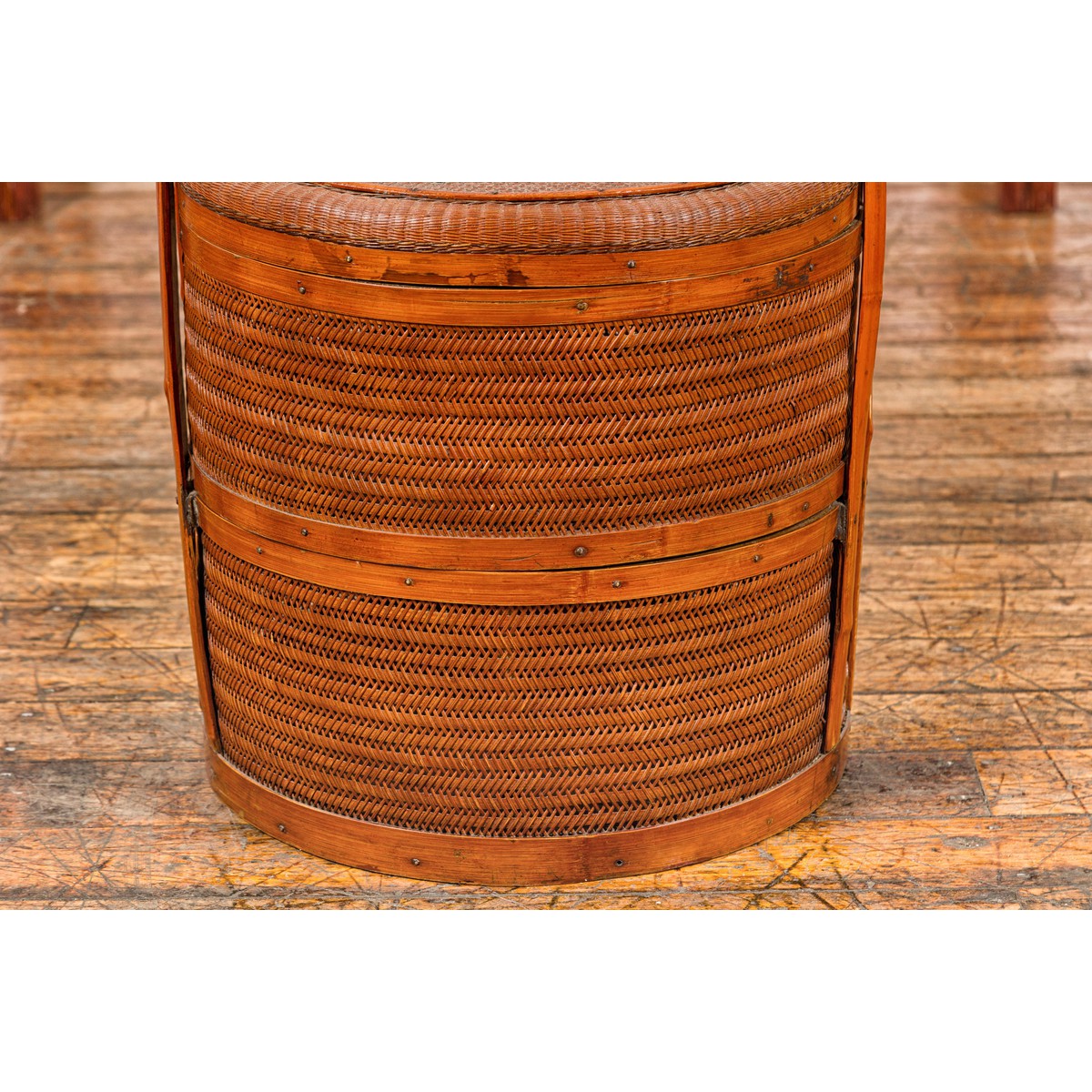 Two-Tiered Bamboo and Rattan Lidded Food Basket with Large Handle-6. Asian & Chinese Furniture, Art, Antiques, Vintage Home Décor for sale at FEA Home