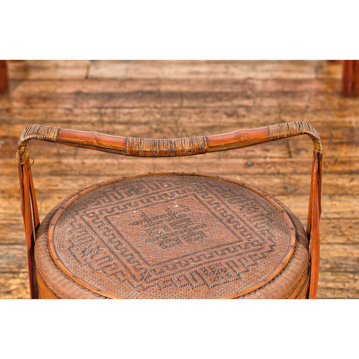 Two-Tiered Bamboo and Rattan Lidded Food Basket with Large Handle-7. Asian & Chinese Furniture, Art, Antiques, Vintage Home Décor for sale at FEA Home