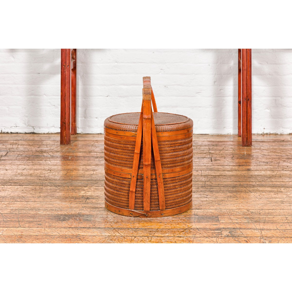 Two-Tiered Bamboo and Rattan Lidded Food Basket with Large Handle-9. Asian & Chinese Furniture, Art, Antiques, Vintage Home Décor for sale at FEA Home