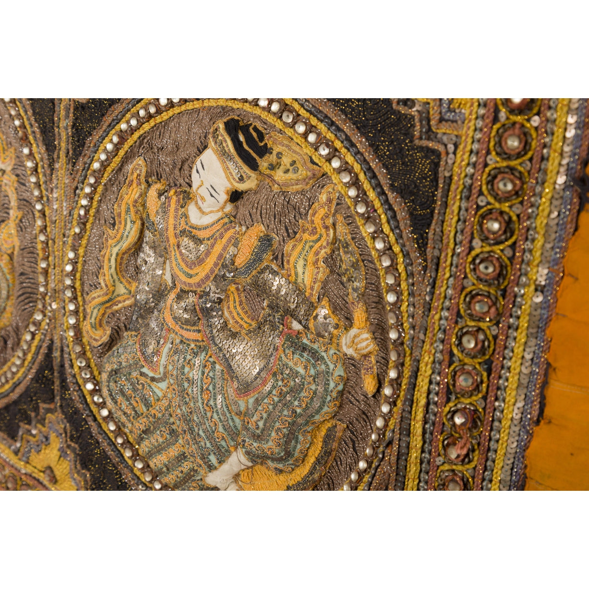 Orange and Yellow Antique Tapestry with Sequins-10. Asian & Chinese Furniture, Art, Antiques, Vintage Home Décor for sale at FEA Home