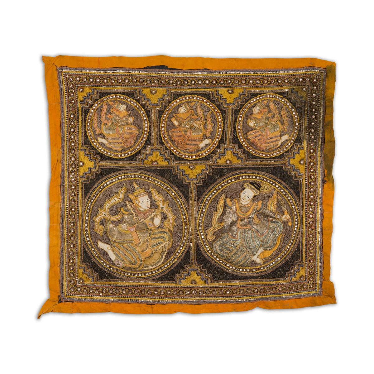 Orange and Yellow Antique Tapestry with Sequins-18. Asian & Chinese Furniture, Art, Antiques, Vintage Home Décor for sale at FEA Home