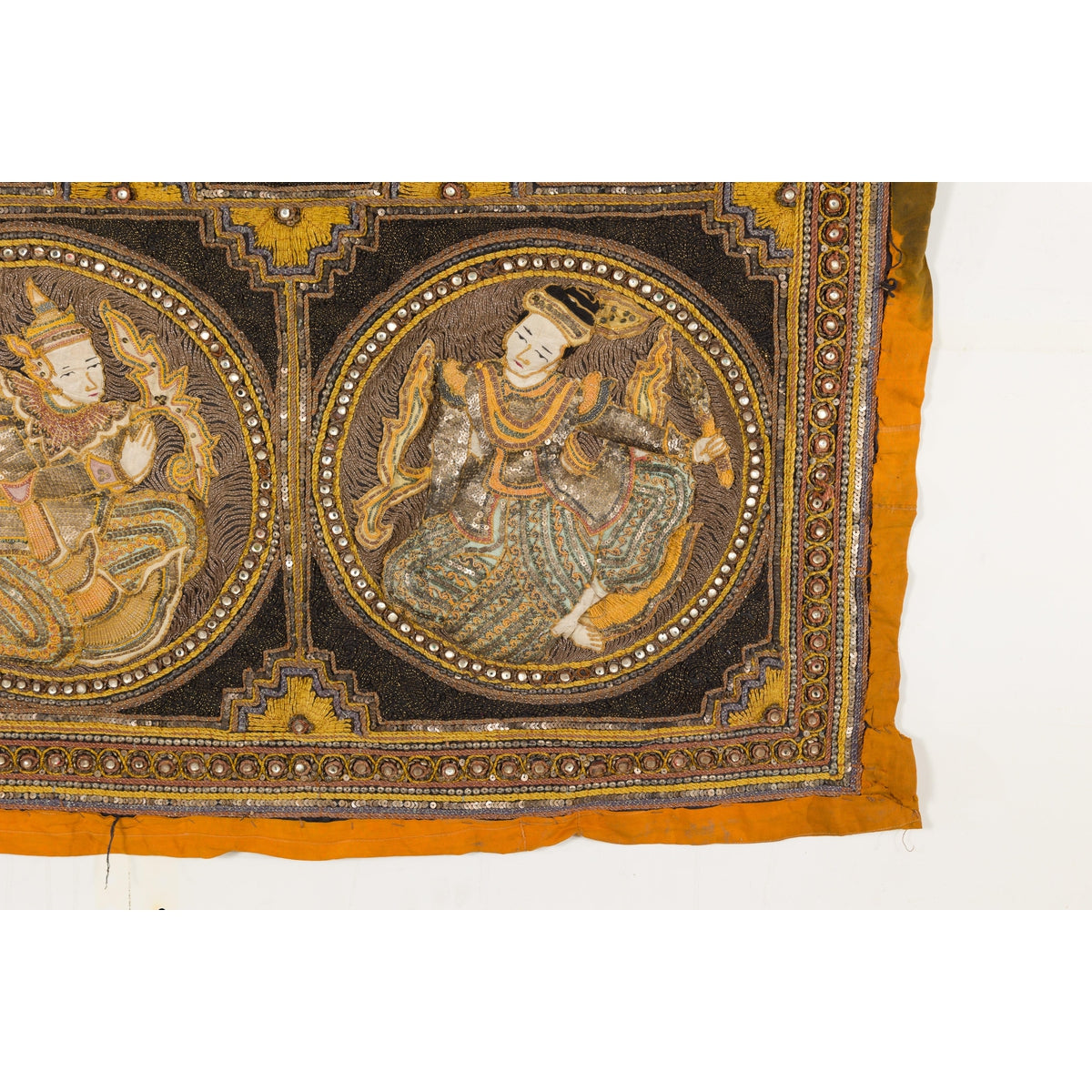 Orange and Yellow Antique Tapestry with Sequins-6. Asian & Chinese Furniture, Art, Antiques, Vintage Home Décor for sale at FEA Home