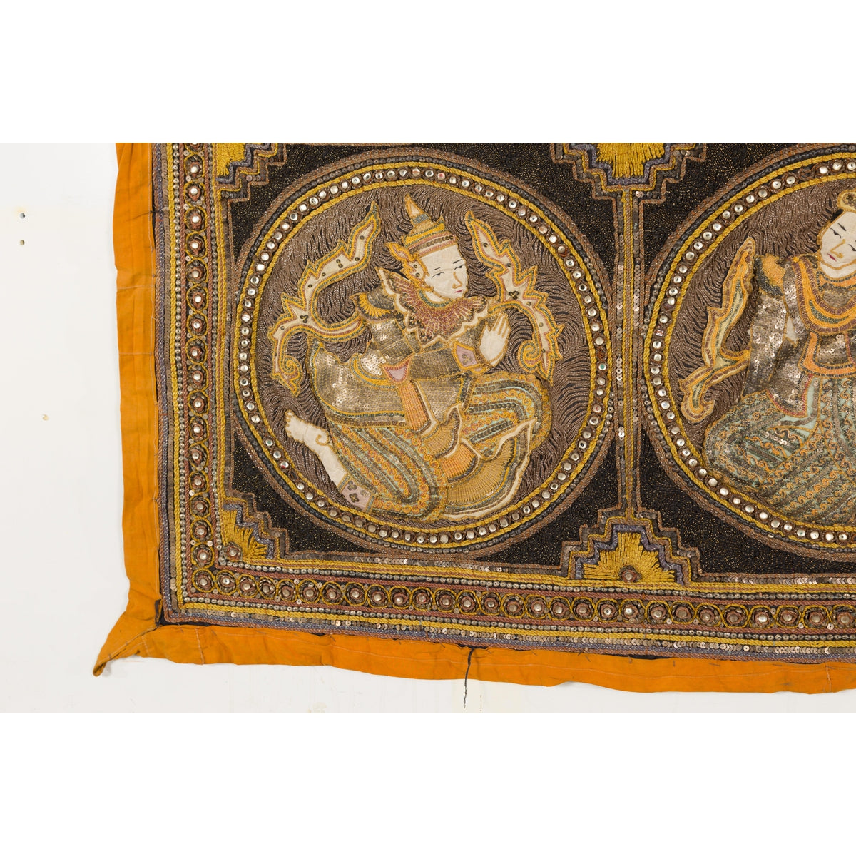 Orange and Yellow Antique Tapestry with Sequins-7. Asian & Chinese Furniture, Art, Antiques, Vintage Home Décor for sale at FEA Home