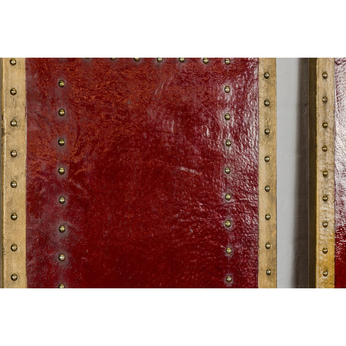Red Lacquered Leather Four Panels with Brass Nailheads Accentuation, Vintage-10. Asian & Chinese Furniture, Art, Antiques, Vintage Home Décor for sale at FEA Home
