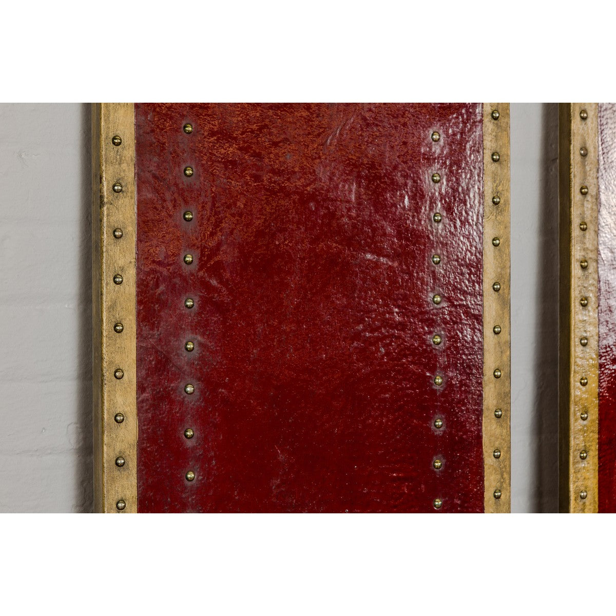 Red Lacquered Leather Four Panels with Brass Nailheads Accentuation, Vintage-11. Asian & Chinese Furniture, Art, Antiques, Vintage Home Décor for sale at FEA Home