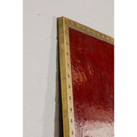Red Lacquered Leather Four Panels with Brass Nailheads Accentuation, Vintage