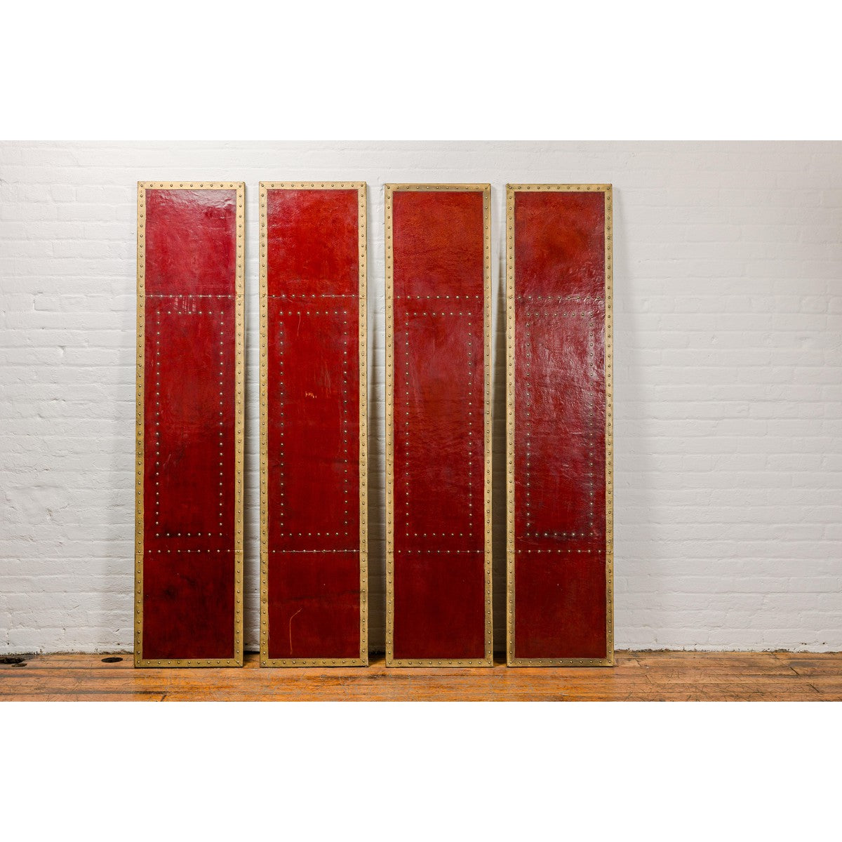 Red Lacquered Leather Four Panels with Brass Nailheads Accentuation, Vintage-13. Asian & Chinese Furniture, Art, Antiques, Vintage Home Décor for sale at FEA Home