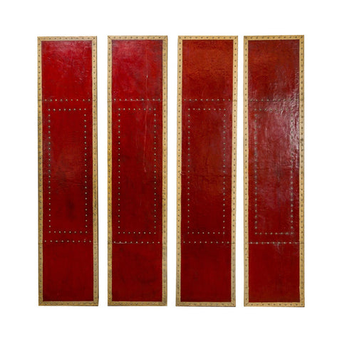 Red Lacquered Leather Four Panels with Brass Nailheads Accentuation, Vintage-YN7946-14. Asian & Chinese Furniture, Art, Antiques, Vintage Home Décor for sale at FEA Home