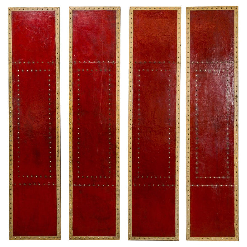 Red Lacquered Leather Four Panels with Brass Nailheads Accentuation, Vintage-YN7946-1. Asian & Chinese Furniture, Art, Antiques, Vintage Home Décor for sale at FEA Home