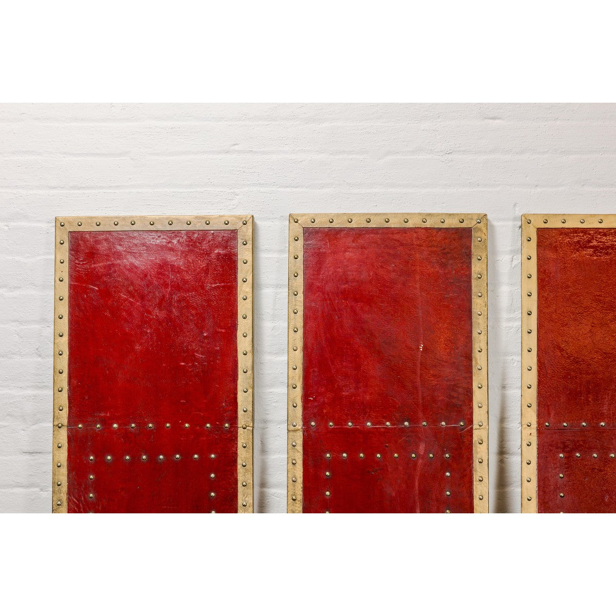 Red Lacquered Leather Four Panels with Brass Nailheads Accentuation, Vintage-4. Asian & Chinese Furniture, Art, Antiques, Vintage Home Décor for sale at FEA Home