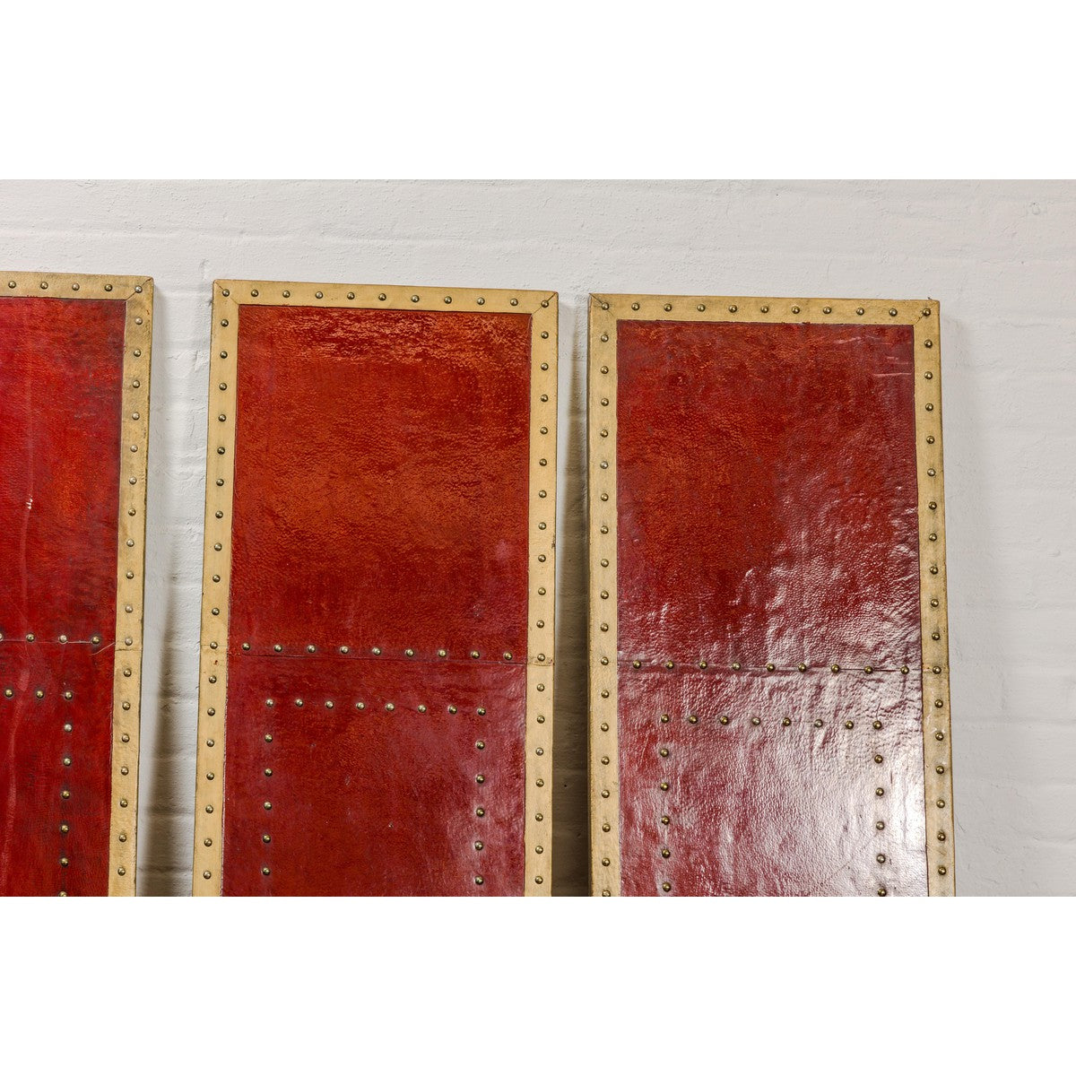 Red Lacquered Leather Four Panels with Brass Nailheads Accentuation, Vintage-5. Asian & Chinese Furniture, Art, Antiques, Vintage Home Décor for sale at FEA Home