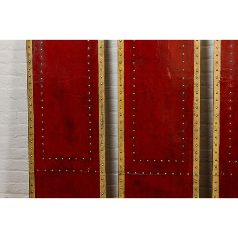 Red Lacquered Leather Four Panels with Brass Nailheads Accentuation, Vintage-YN7946-6. Asian & Chinese Furniture, Art, Antiques, Vintage Home Décor for sale at FEA Home