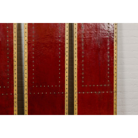 Red Lacquered Leather Four Panels with Brass Nailheads Accentuation, Vintage-YN7946-7. Asian & Chinese Furniture, Art, Antiques, Vintage Home Décor for sale at FEA Home