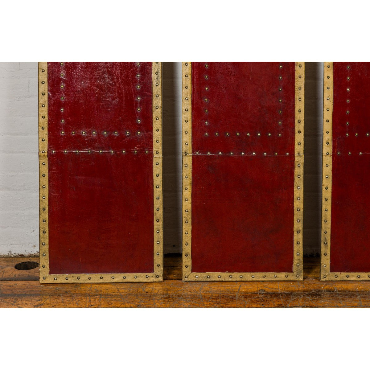 Red Lacquered Leather Four Panels with Brass Nailheads Accentuation, Vintage-8. Asian & Chinese Furniture, Art, Antiques, Vintage Home Décor for sale at FEA Home