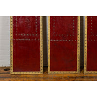 Red Lacquered Leather Four Panels with Brass Nailheads Accentuation, Vintage