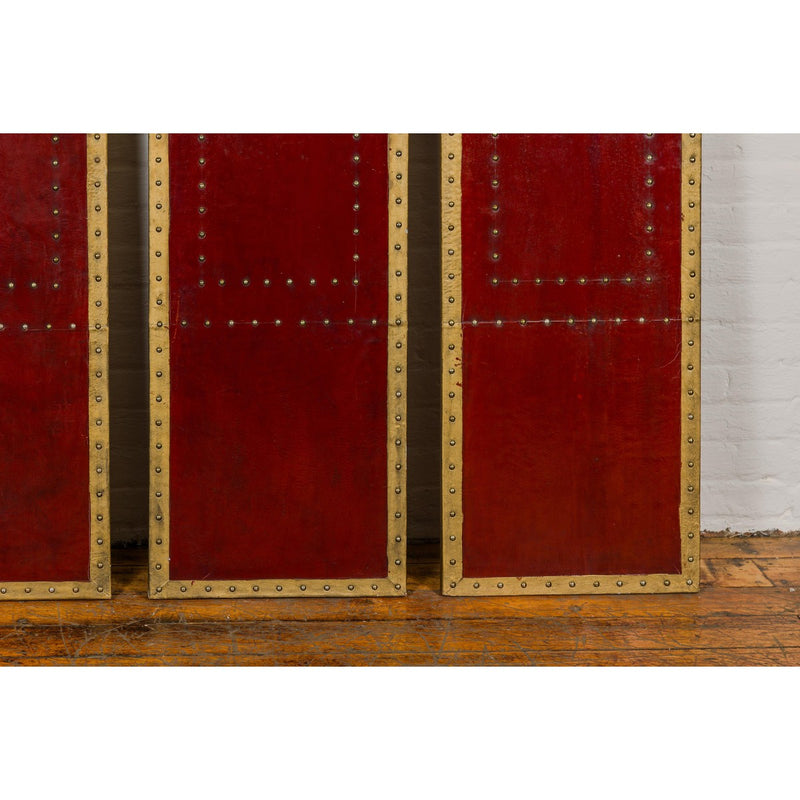 Red Lacquered Leather Four Panels with Brass Nailheads Accentuation, Vintage-YN7946-9. Asian & Chinese Furniture, Art, Antiques, Vintage Home Décor for sale at FEA Home