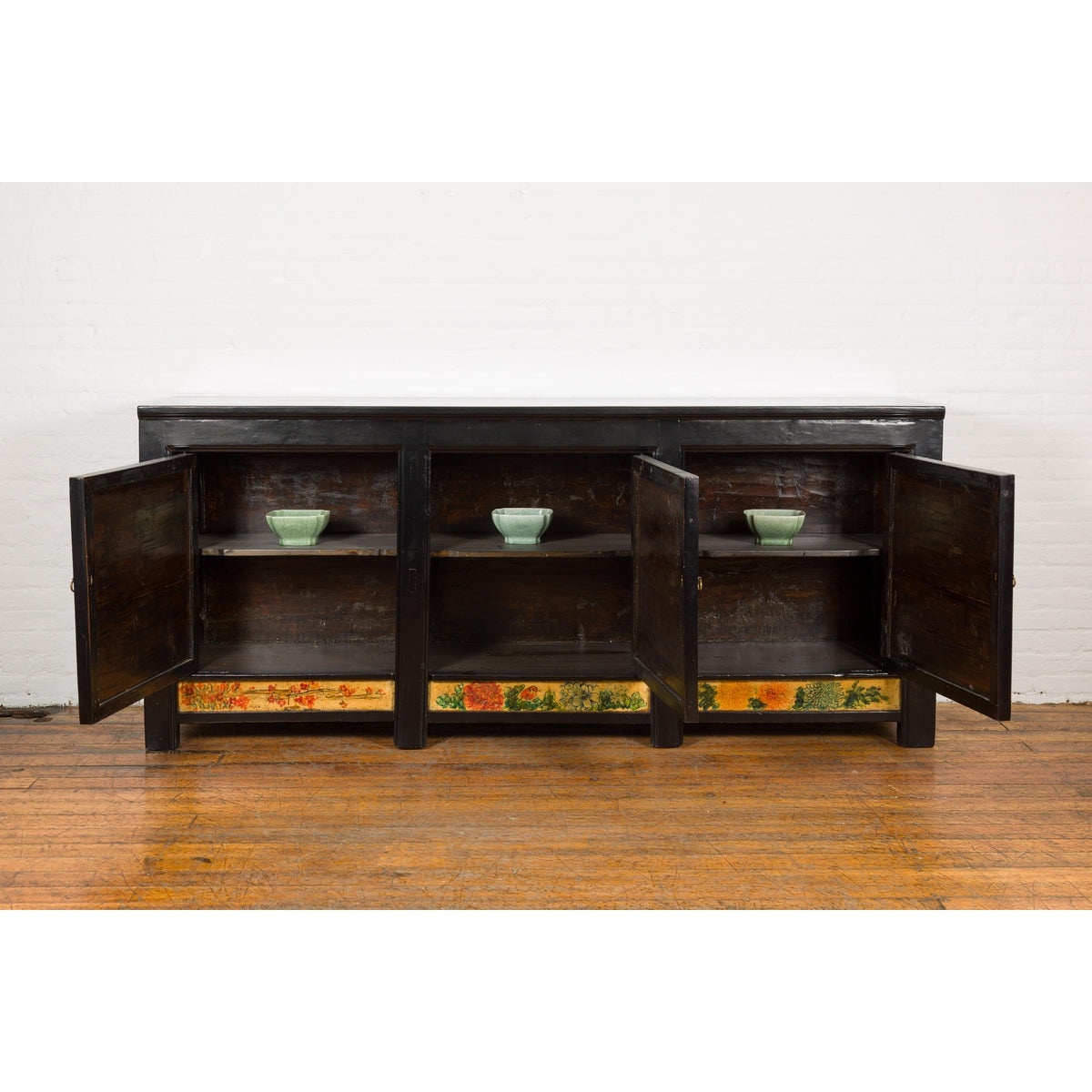 Low Yellow and Black Cabinet with Three Door Paintings-4. Asian & Chinese Furniture, Art, Antiques, Vintage Home Décor for sale at FEA Home