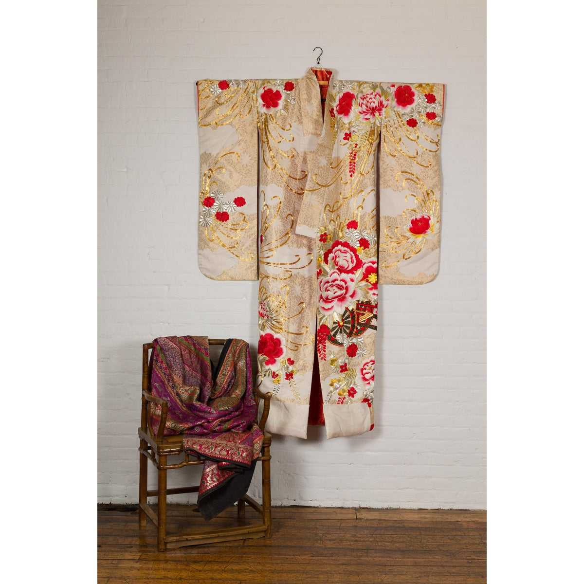 Vintage Silk Kimono with Gold, Silver and Red Embroidery-12. Asian & Chinese Furniture, Art, Antiques, Vintage Home Décor for sale at FEA Home