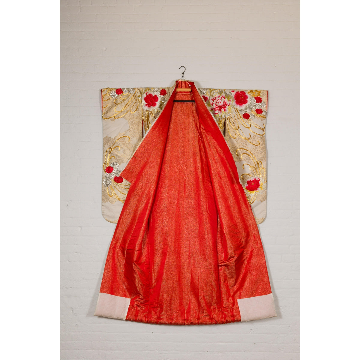 Vintage Silk Kimono with Gold, Silver and Red Embroidery-13. Asian & Chinese Furniture, Art, Antiques, Vintage Home Décor for sale at FEA Home