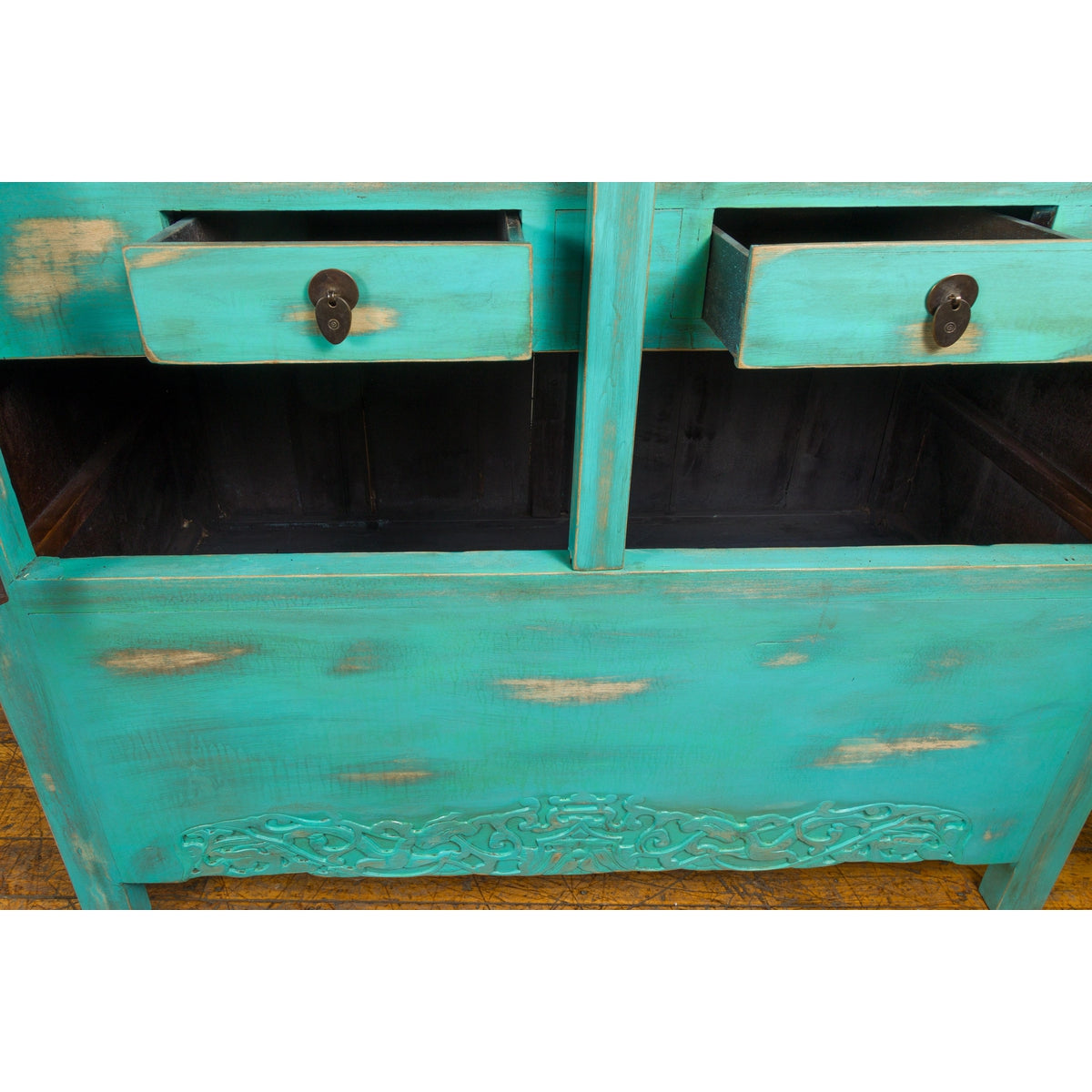 Qing Dynasty Cabinet with Custom Blue Green Lacquer and Carved Apron-14. Asian & Chinese Furniture, Art, Antiques, Vintage Home Décor for sale at FEA Home