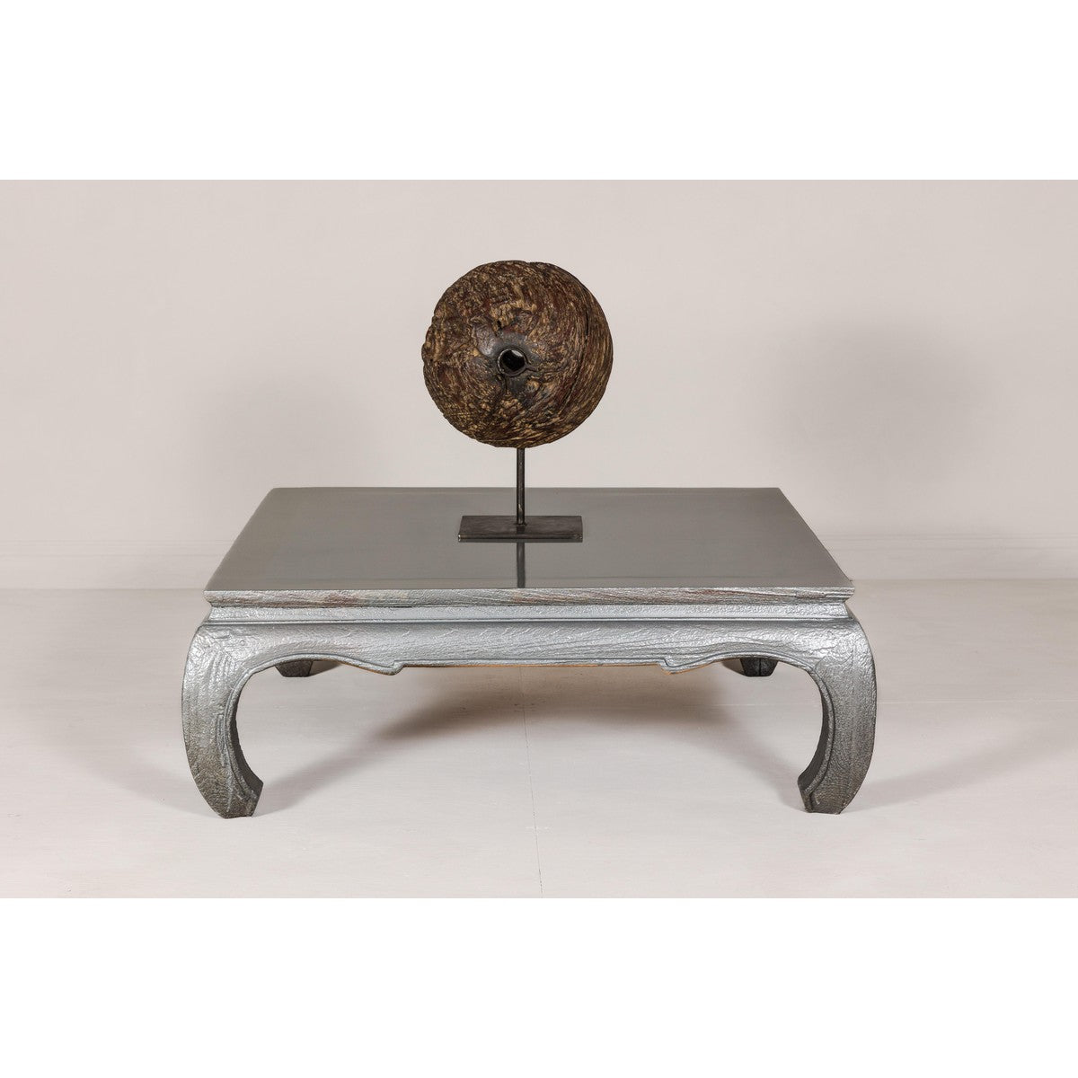 Teak Coffee Table with Custom Silver Patina, Chow Legs and Carved Apron-14. Asian & Chinese Furniture, Art, Antiques, Vintage Home Décor for sale at FEA Home