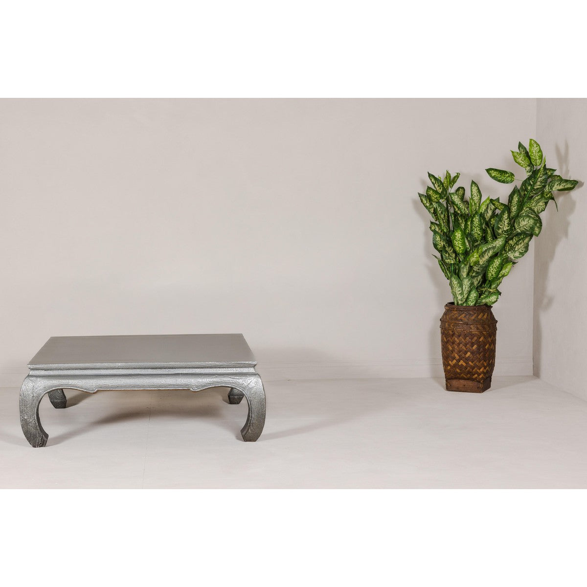 Teak Coffee Table with Custom Silver Patina, Chow Legs and Carved Apron-15. Asian & Chinese Furniture, Art, Antiques, Vintage Home Décor for sale at FEA Home
