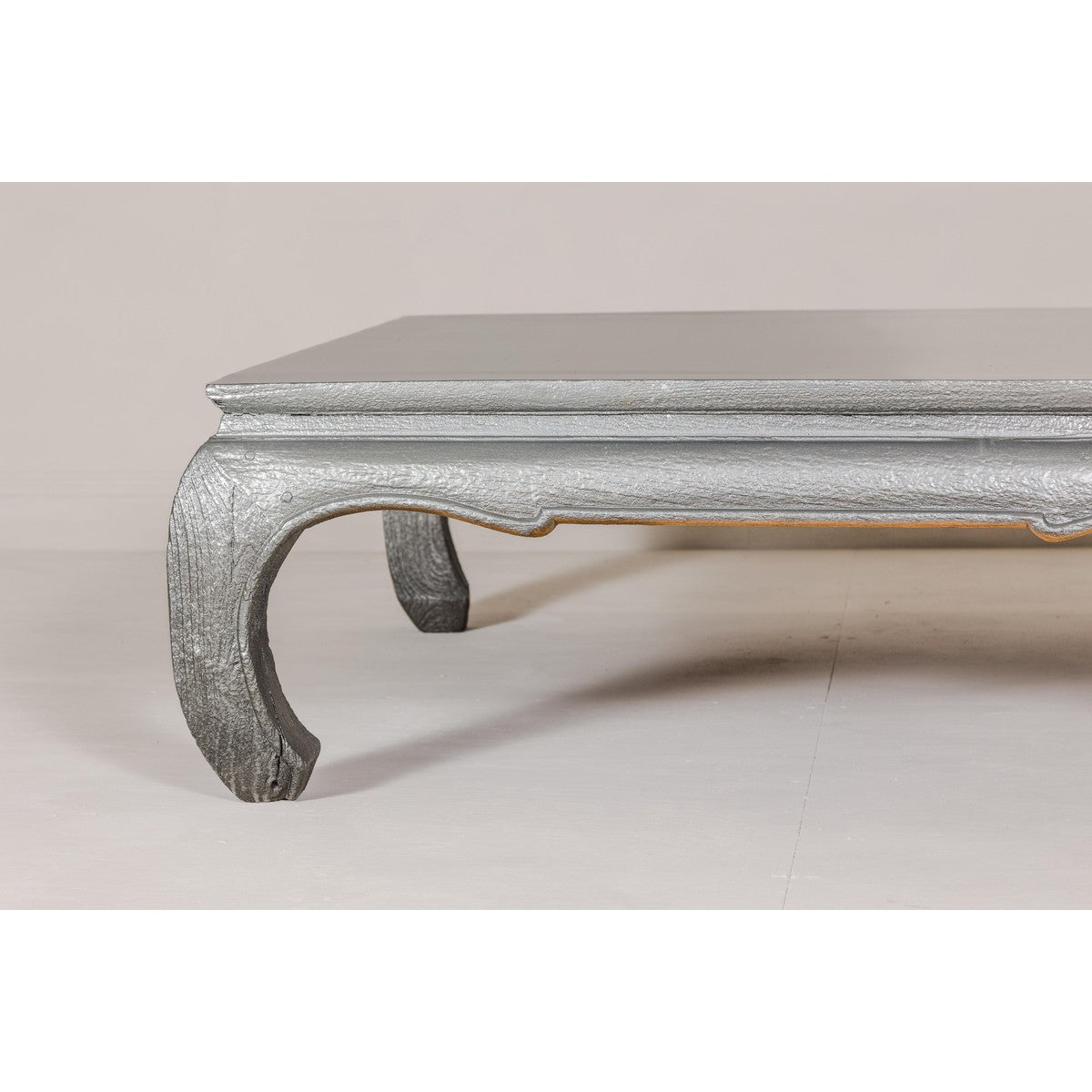 Teak Coffee Table with Custom Silver Patina, Chow Legs and Carved Apron-4. Asian & Chinese Furniture, Art, Antiques, Vintage Home Décor for sale at FEA Home