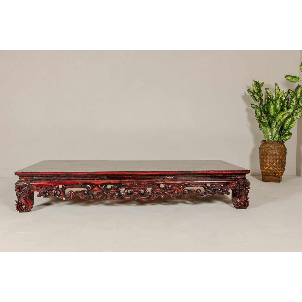 Qing Dynasty Low Kang Coffee Table with Reddish Brown Finish and Carved Décor-3. Asian & Chinese Furniture, Art, Antiques, Vintage Home Décor for sale at FEA Home