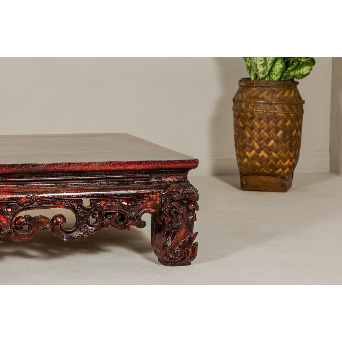 Qing Dynasty Low Kang Coffee Table with Reddish Brown Finish and Carved Décor-6. Asian & Chinese Furniture, Art, Antiques, Vintage Home Décor for sale at FEA Home