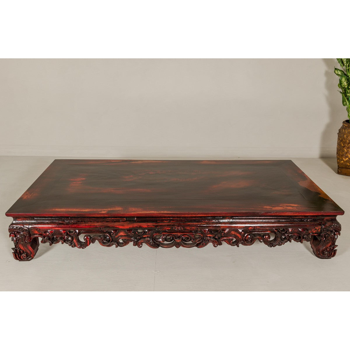 Qing Dynasty Low Kang Coffee Table with Reddish Brown Finish and Carved Décor-7. Asian & Chinese Furniture, Art, Antiques, Vintage Home Décor for sale at FEA Home