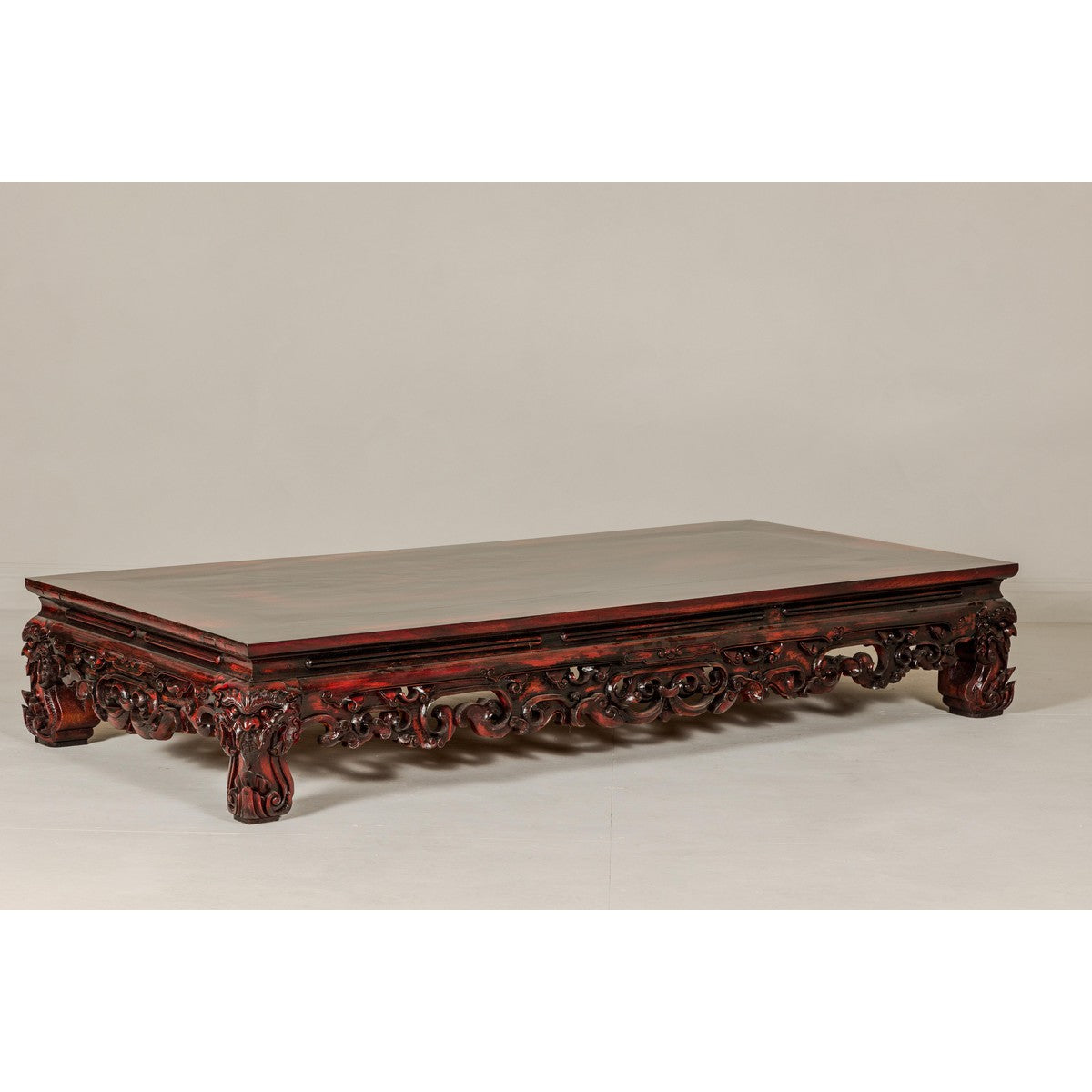 Qing Dynasty Low Kang Coffee Table with Reddish Brown Finish and Carved Décor-8. Asian & Chinese Furniture, Art, Antiques, Vintage Home Décor for sale at FEA Home