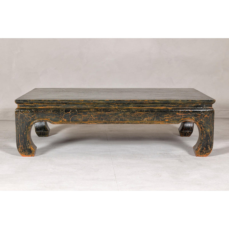 Vintage Chow Legs Distressed Black Coffee Table with Crackle Orange Finish-YN7960-11. Asian & Chinese Furniture, Art, Antiques, Vintage Home Décor for sale at FEA Home