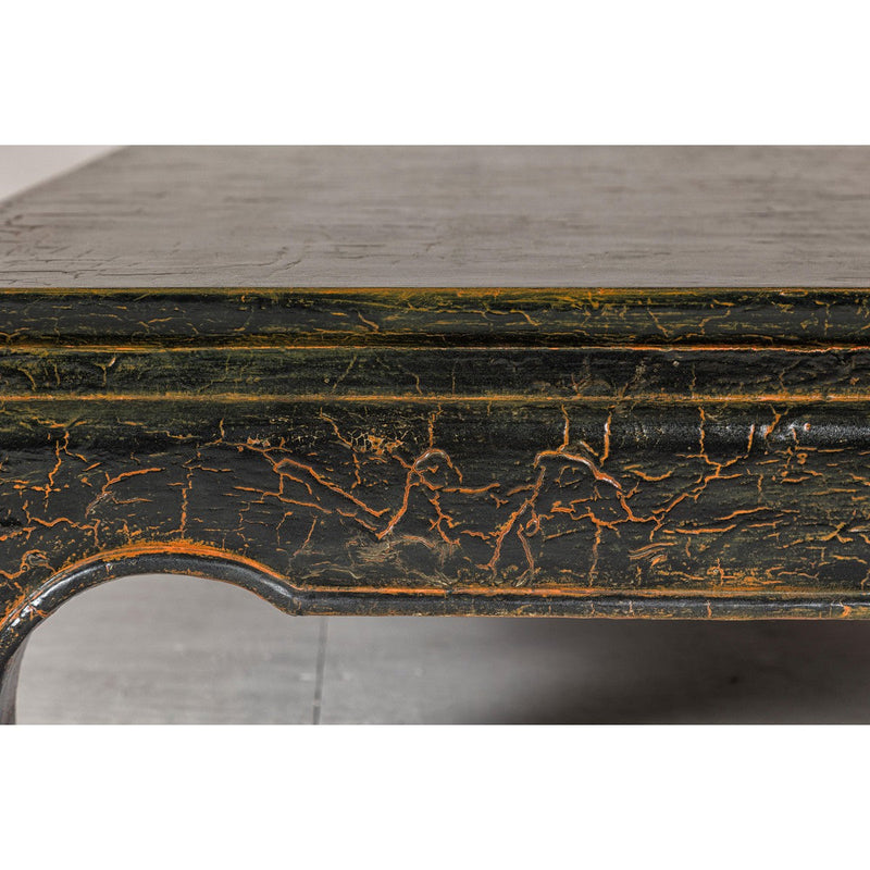 Vintage Chow Legs Distressed Black Coffee Table with Crackle Orange Finish-YN7960-18. Asian & Chinese Furniture, Art, Antiques, Vintage Home Décor for sale at FEA Home