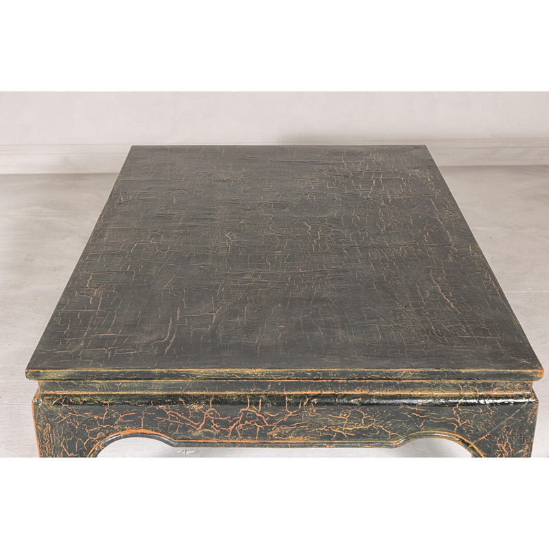 Vintage Chow Legs Distressed Black Coffee Table with Crackle Orange Finish-YN7960-19. Asian & Chinese Furniture, Art, Antiques, Vintage Home Décor for sale at FEA Home
