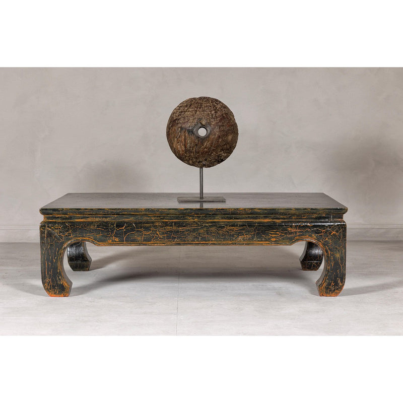 Vintage Chow Legs Distressed Black Coffee Table with Crackle Orange Finish-YN7960-2. Asian & Chinese Furniture, Art, Antiques, Vintage Home Décor for sale at FEA Home