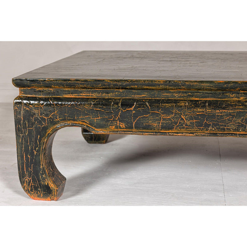 Vintage Chow Legs Distressed Black Coffee Table with Crackle Orange Finish-YN7960-6. Asian & Chinese Furniture, Art, Antiques, Vintage Home Décor for sale at FEA Home
